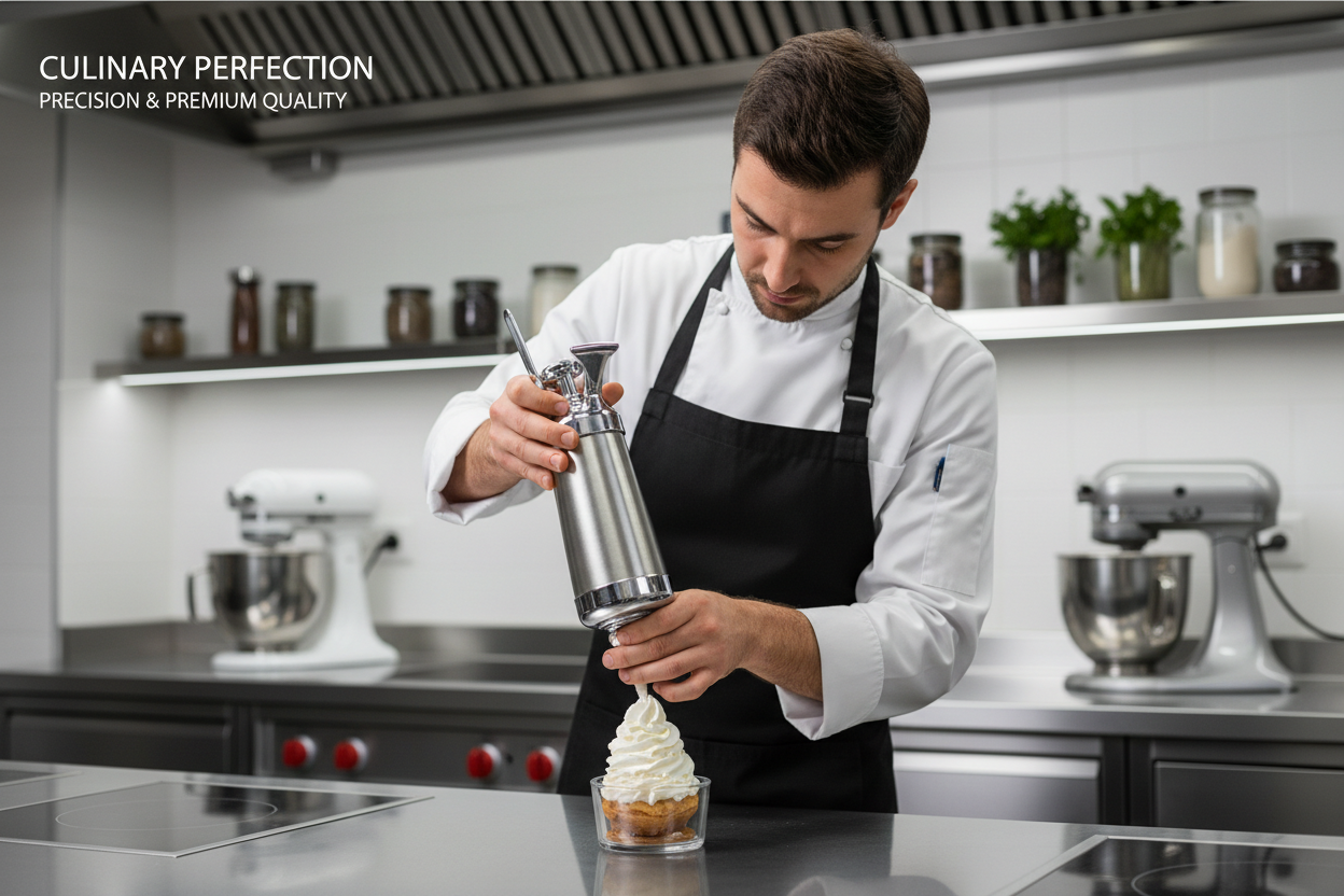 Chef creating whipped cream with premium culinary equipment