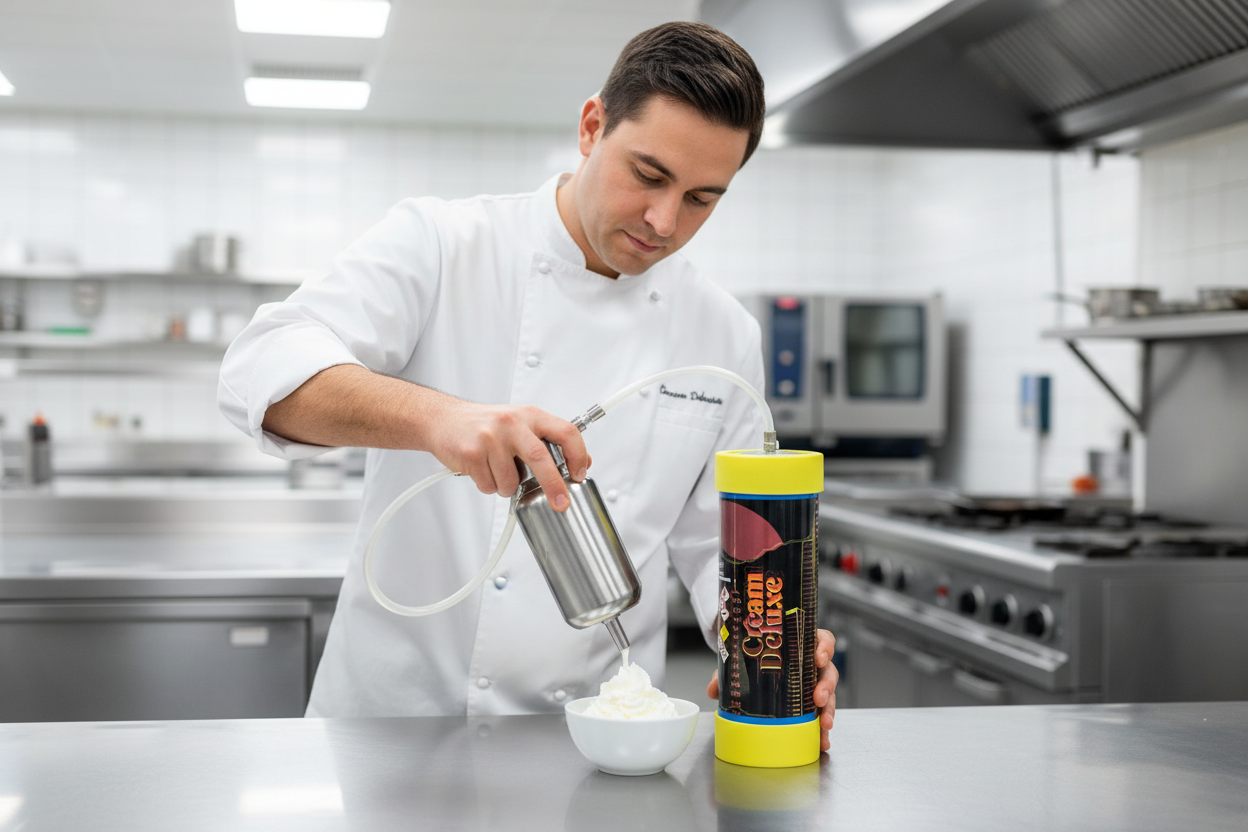 Professional chef with Cream Deluxe 2kg cylinder and dispenser